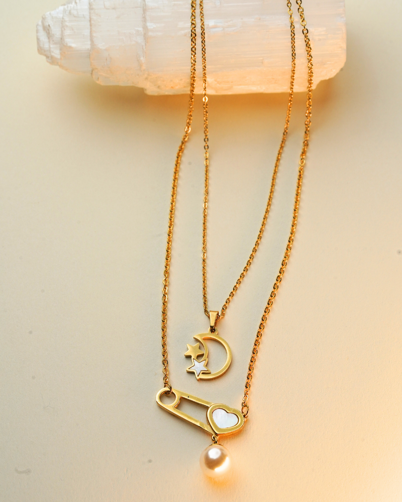 Pearl Hearts Necklace & Earrings Combo - Gold/White